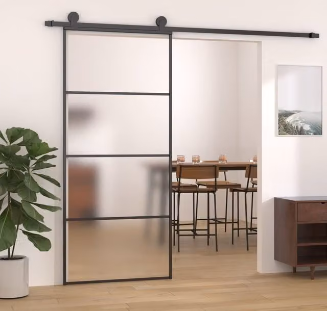 Berkfield Home Modern Black Sliding Door with Frosted ESG Glass and Aluminium, W: 90 cm, H: 205 cm – 1