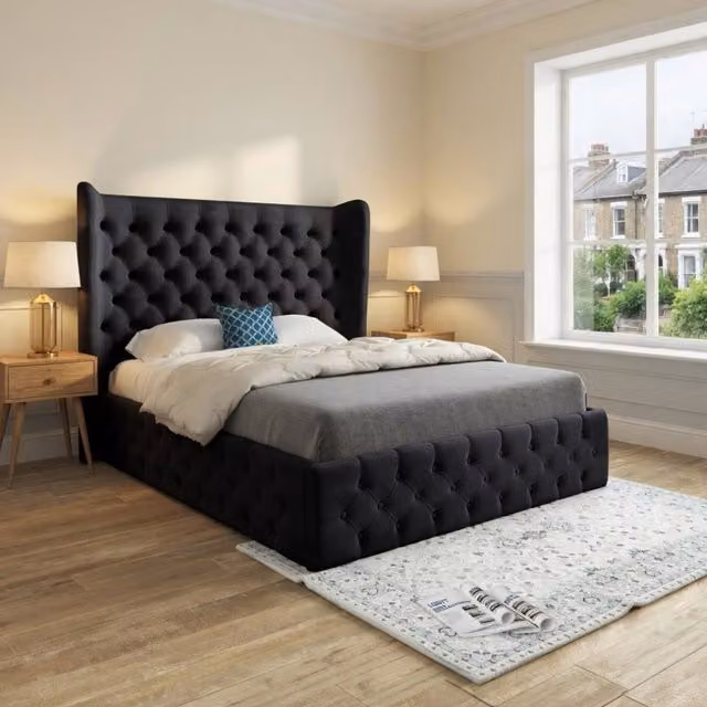 KDMD Ledbury Wide Winged Upholstered Designer Bed Frame in Black Soft Velvet, Small Double, W/D/H: 137 x 159 x 120 cm – 1
