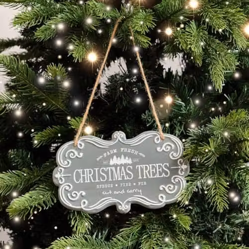 Melody Maison Vintage Christmas Trees Metal Wall Plaque in Green, White and Petrol, W: 18 cm, H: 10.5 cm – 1