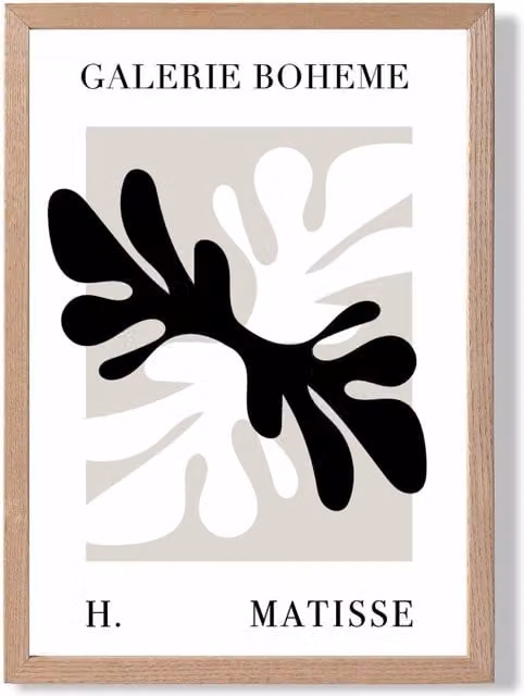 ARTZE Matisse Floral Cutout Beige and Black Bohemian Framed Print with Oak Wood Frame, A2 – 1