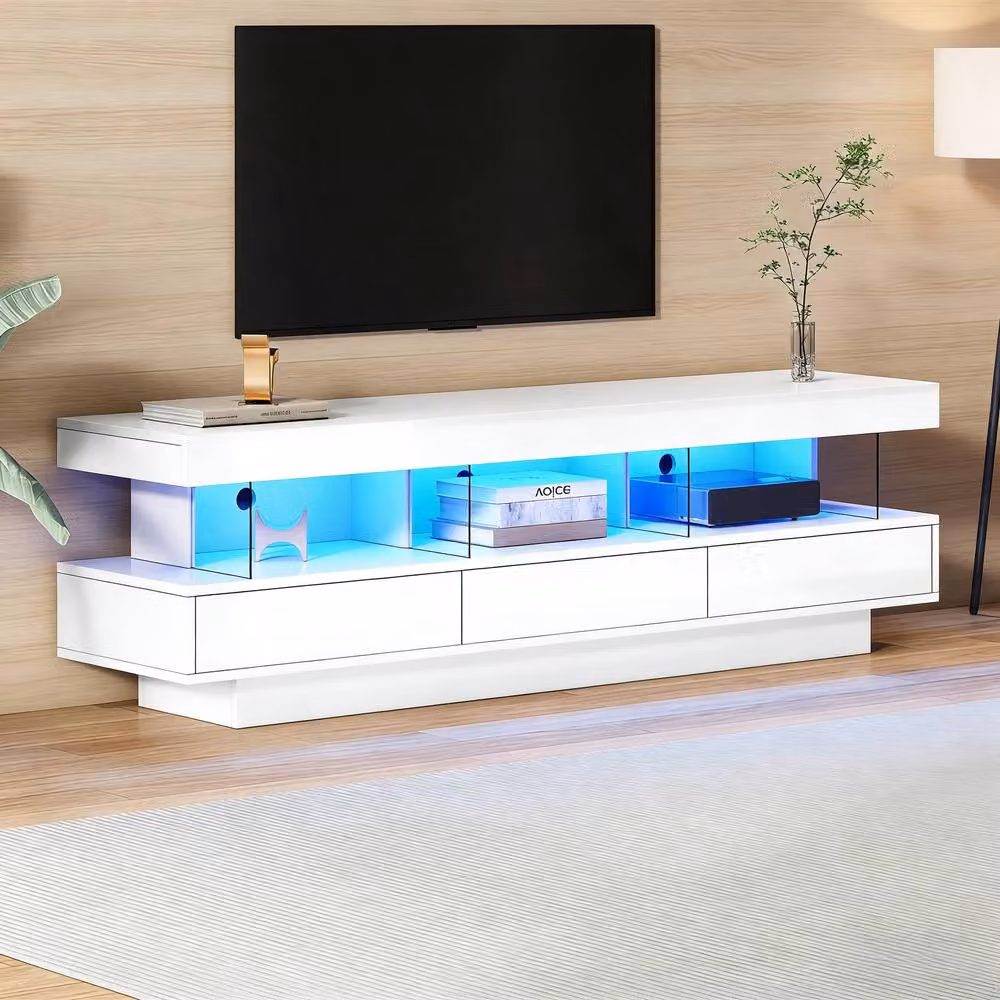 BTM High Gloss TV Stand with LED, 3 Drawers and Shelves in White, W/D/H: 160 x 50.5 x 38 cm – 2