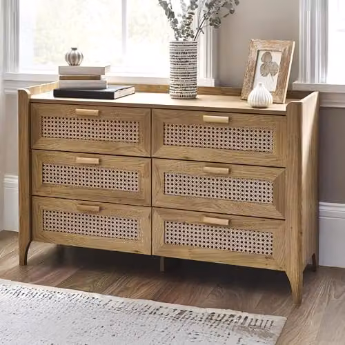 Julian Bowen Sydney 6 Drawer Wide Chest of Drawers in Oak and Brown with Geometric Rattan Print, H75 x W120 cm – 1