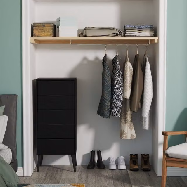 2 U Fuji 5 Drawer Tall Bedside Chest in Black, Ready Assembled