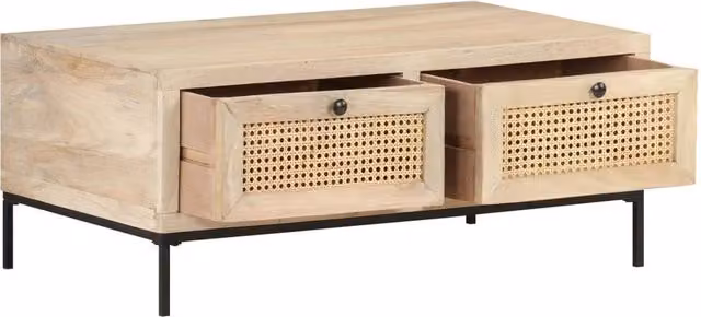 Berkfield Home Beautiful Coffee Table in Light Brown Solid Mango Wood and Natural Cane, W: 90 cm, D: 50 cm, H: 37 cm