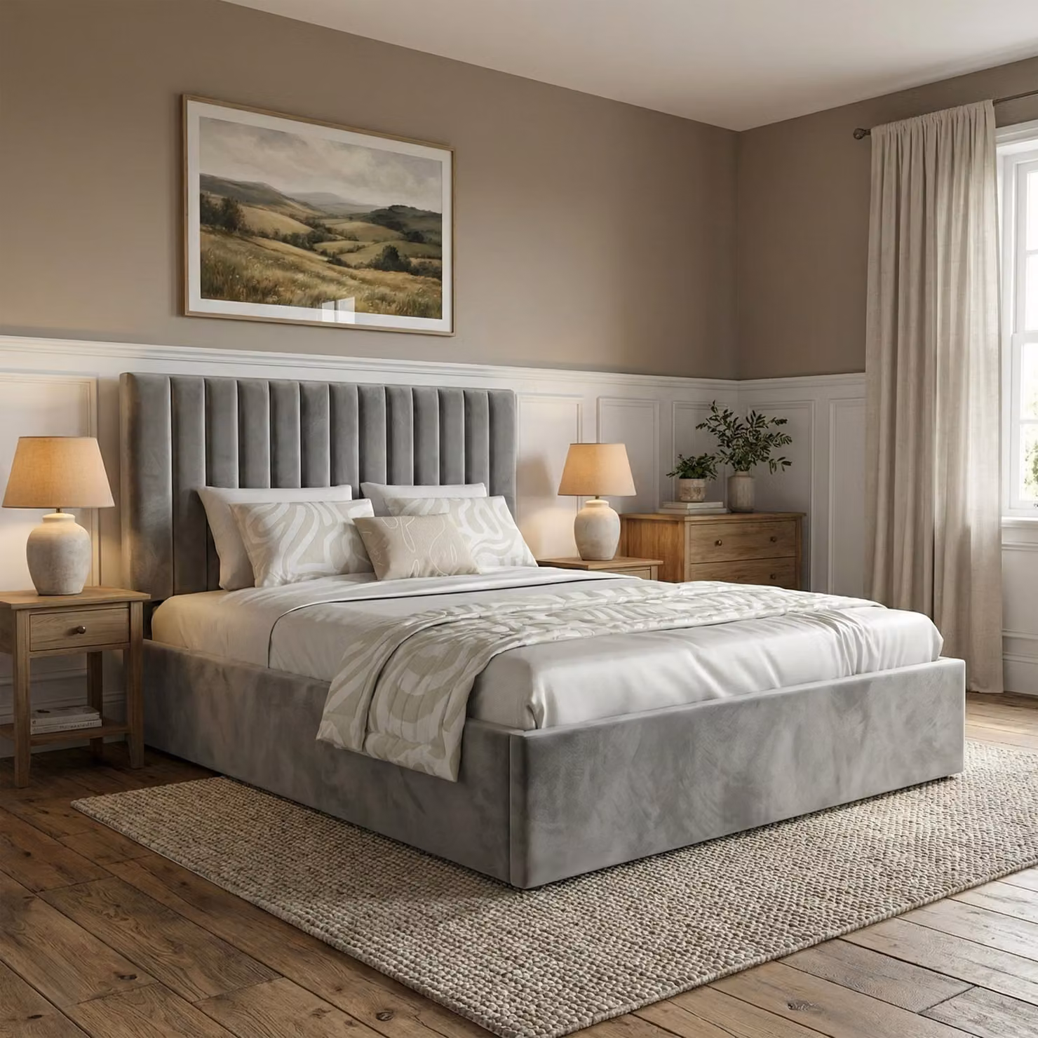 DHS Vertical Line Velvet Ottoman Storage Bed Frame in Grey, Double (140 x 200 cm)