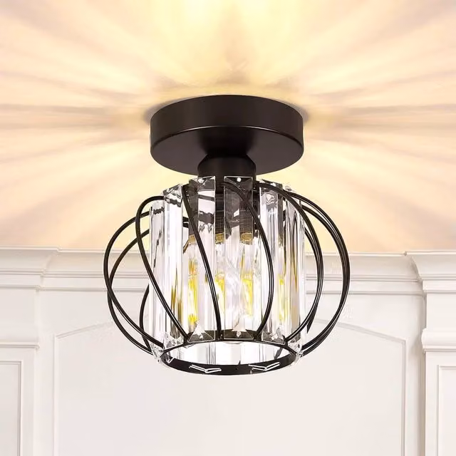 EONLION Modern Black Crystal Semi-Flush Ceiling Light