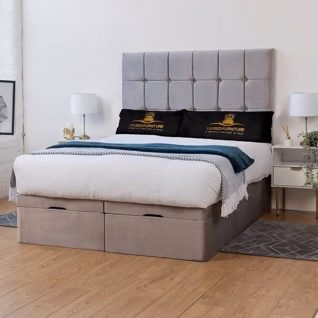 UK Bed Furniture Florence Divan Ottoman Storage Bed with End Lift and 54 Inch Headboard in Silver Grey, W/D/H: 140 x 200 cm
