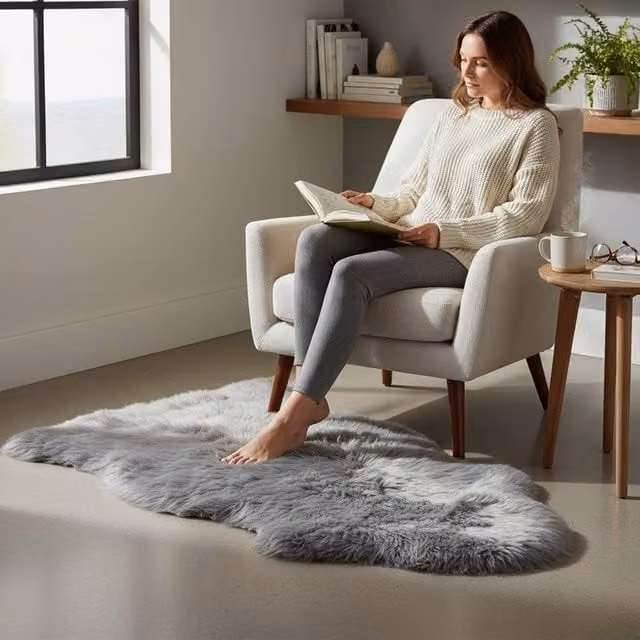 Infinity Leather Grey Real Sheepskin Natural Wool Single Rug, W: 90 cm, D: 60 cm