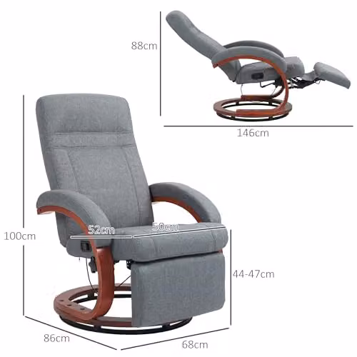 HOMCOM Grey Fabric Swivel Recliner Chair with Extended Footrest and Solid Wood Base – 3