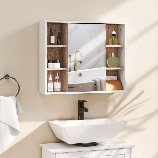 PAWNORA White Wall Mounted Bathroom Mirror Cabinet with Hinged Doors and Open Shelf