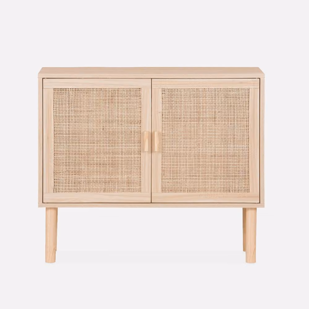 Sweekeek Vintage 2-Door Cabinet with Wood and Rattan Decor in Light Brown, W: 80 cm, H: 80 cm, D: 40 cm – 2