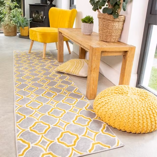 The Rug House Super Soft Geometric Modern Area Rug in Yellow and Grey, W: 240 cm, D: 60 cm