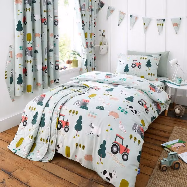 Happy Linen Company Barn Yard Farm Animals Reversible Duvet Cover and Pillowcase Set, Green, Single, W: 90 cm, L: 200 cm – 1