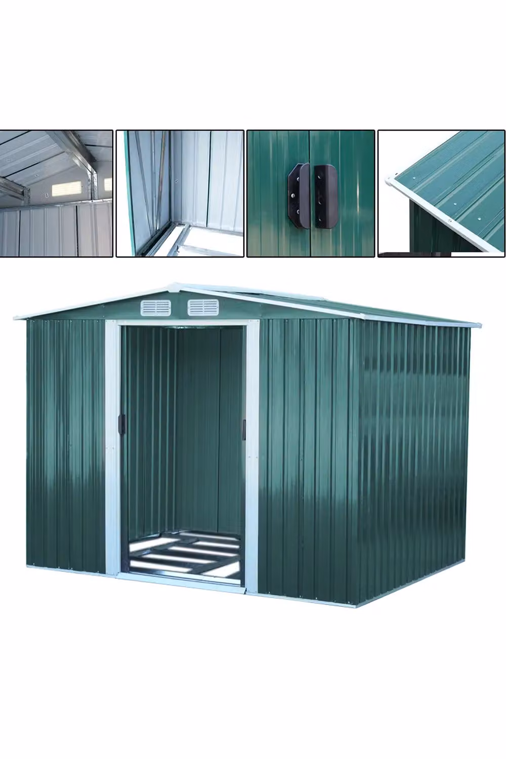 H&O Direct Large Metal Garden Storage Shed in Green, W/D/H: 259.0 x 178.0 x 257.0 cm – 2