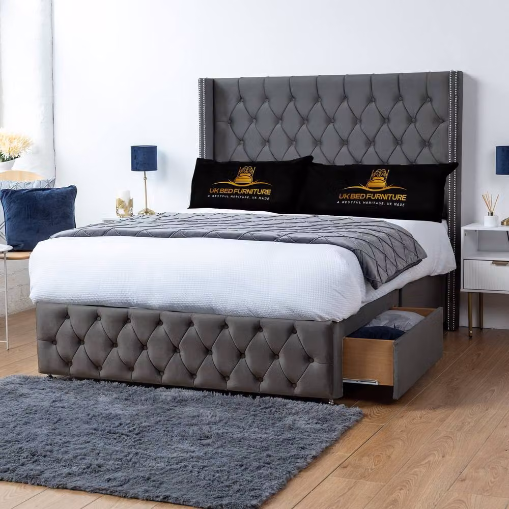 UK Bed Furniture Jasmine Wingback Divan Bed Base with 54 Inch Headboard in Grey, W/D/H: 200 x 200 cm – 2