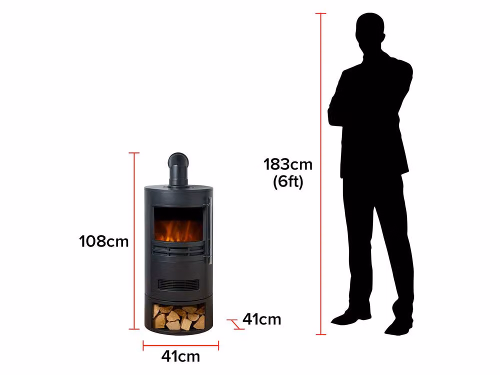 Adam Fires & Fireplaces Dunston Round Stove with Log Store and Angled Pipe in Black – 5