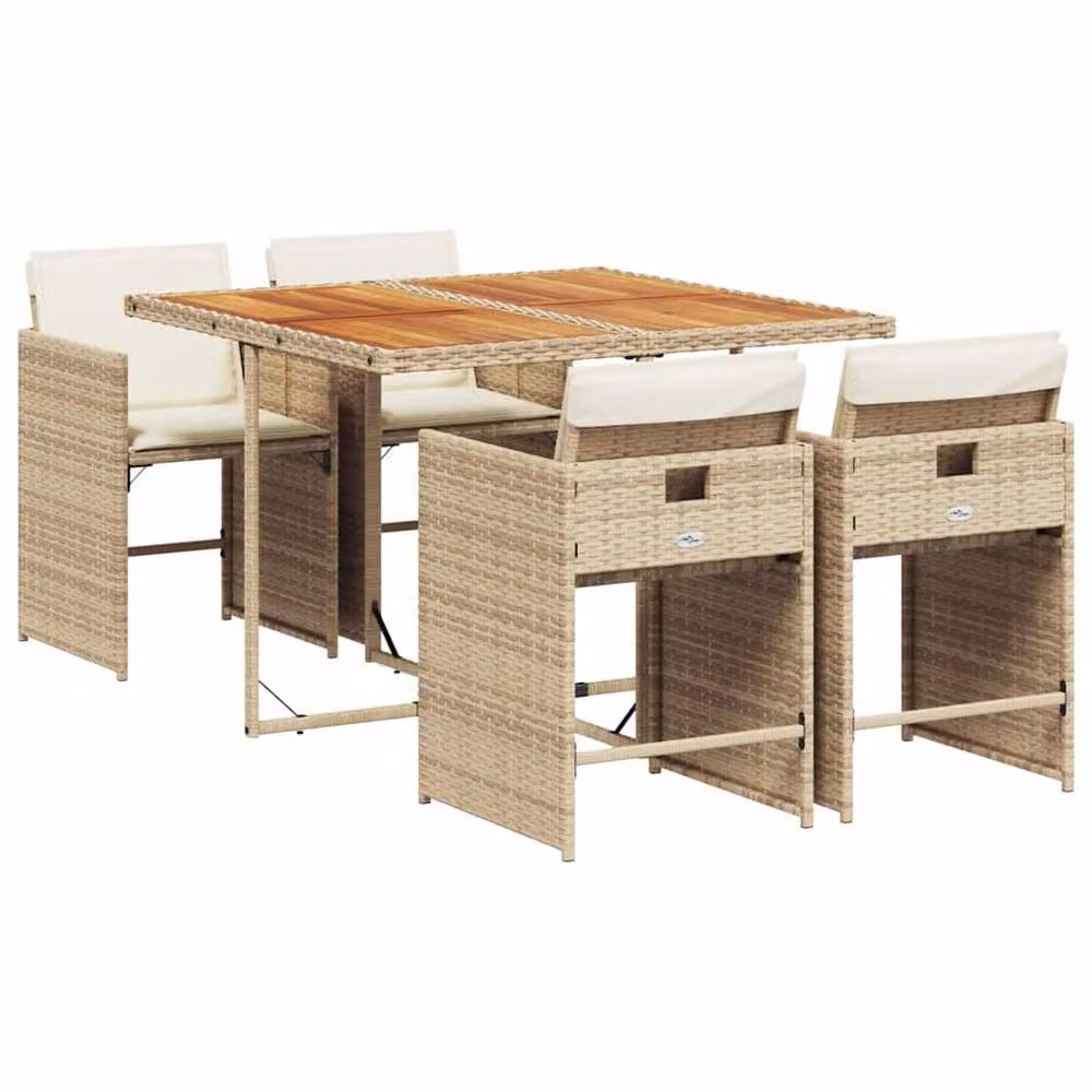 Berkfield Home 5 Piece Beige Poly Rattan Garden Dining Set with Acacia Wood Table and Cushions – 2