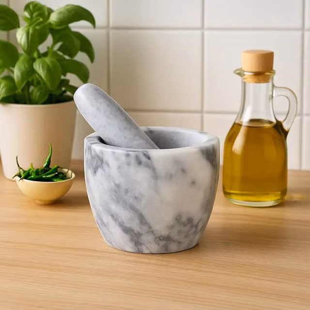 Orsina Grey Marble Round Tapered Mortar and Pestle