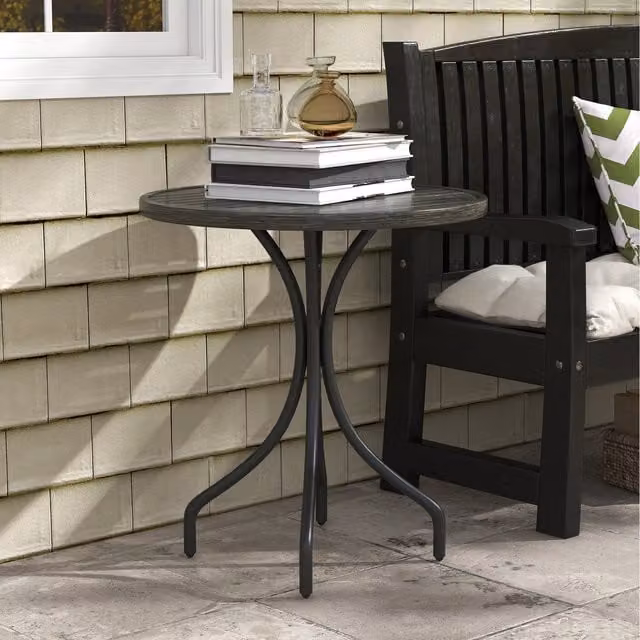 Outsunny Round Metal Garden Side Table with Slat Tabletop in Grey