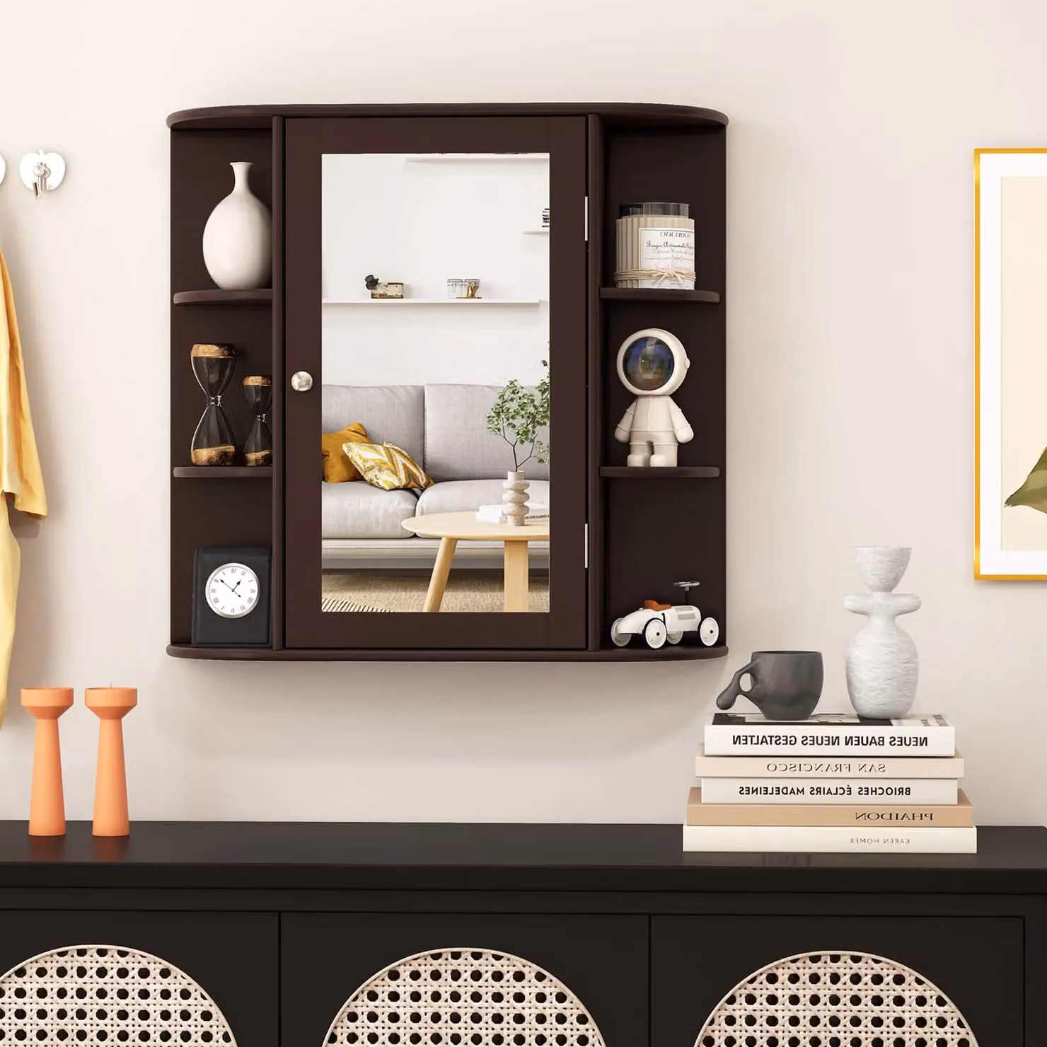 Gymax Modern Wooden Mirrored Bathroom Cabinet in Dark Brown – 5