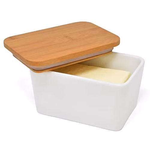 Joeji's Kitchen Airtight Ceramic Butter Dish with Bamboo Lid and Silicone Water Seal in White – 1