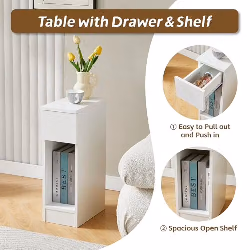MCC Direct Ava Solid Wooden Bedside Table with Open Shelf and Drawer, White, W/D/H: 35 x 20 x 60 cm – 3