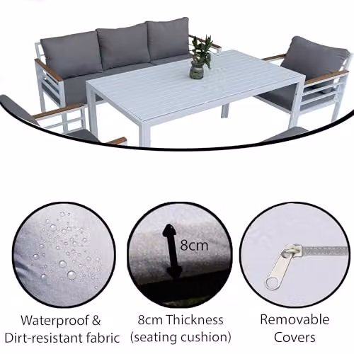 SHATCHI 6 Seater Modern Aluminium Garden Furniture Set with Rectangular Dining Table in White and Grey – 4