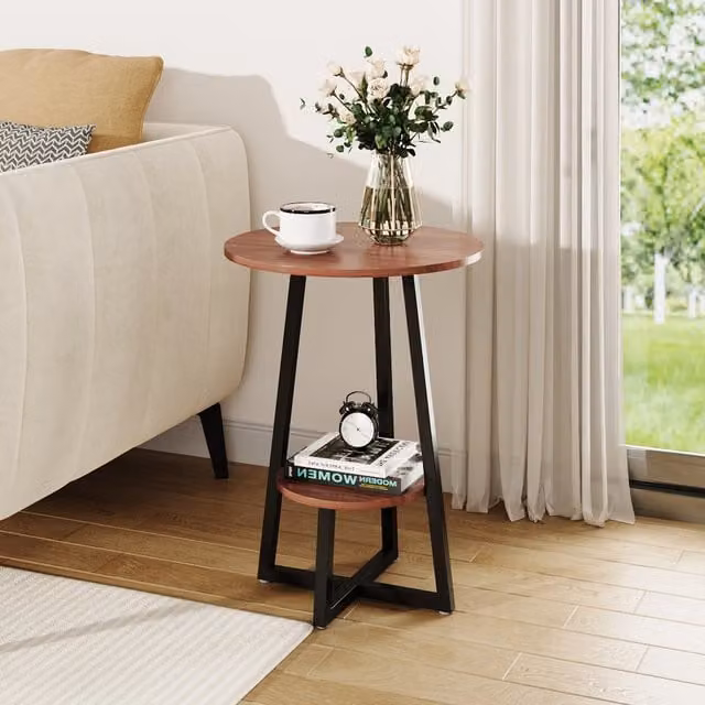 Livingandhome 2-Tier Round Walnut Coffee and Side Table