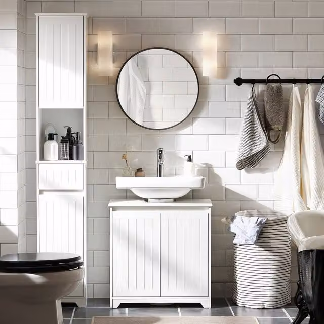 SoBuy Modern White Under Sink Bathroom Cabinet with Soft Close Hinged Doors and Internal Shelves