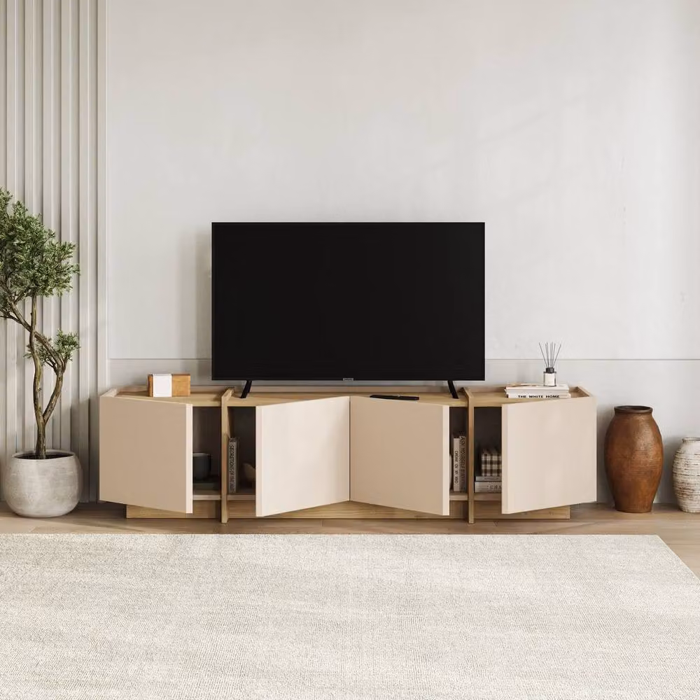 CALICOSY 4-Door Onyx TV Stand in Beige and Oak, W: 180 cm, D: 35 cm, H: 46 cm – 2