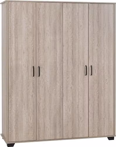 Seconique Oliver 4 Door Wardrobe in Oak, H 190 cm x W 153 cm x D 52 cm