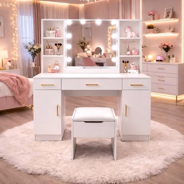 Harmin Modern White Glossy Dressing Table with LED Mirror, Stool, USB and Power Socket – 1
