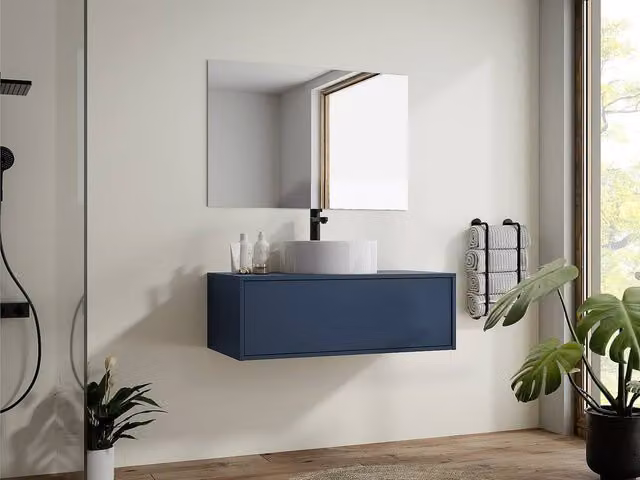Vente-unique Midnight Blue Wall-Mounted Modern Bathroom Vanity Unit with Internal Drawers and Hinged Doors W/D/H: 57 x 47 x 32 cm