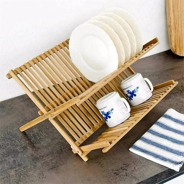Nordara Bamboo Folding Dish Drainer with Cup and Cutlery Holder in Beige
