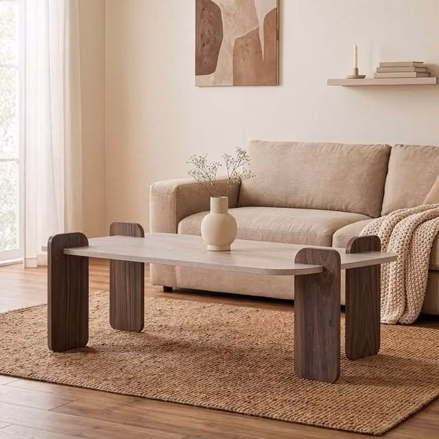 CALICOSY ELIA Rectangular Coffee Table with Rounded Edges in Walnut Brown, W/D/H: 120 x 60 x 35 cm