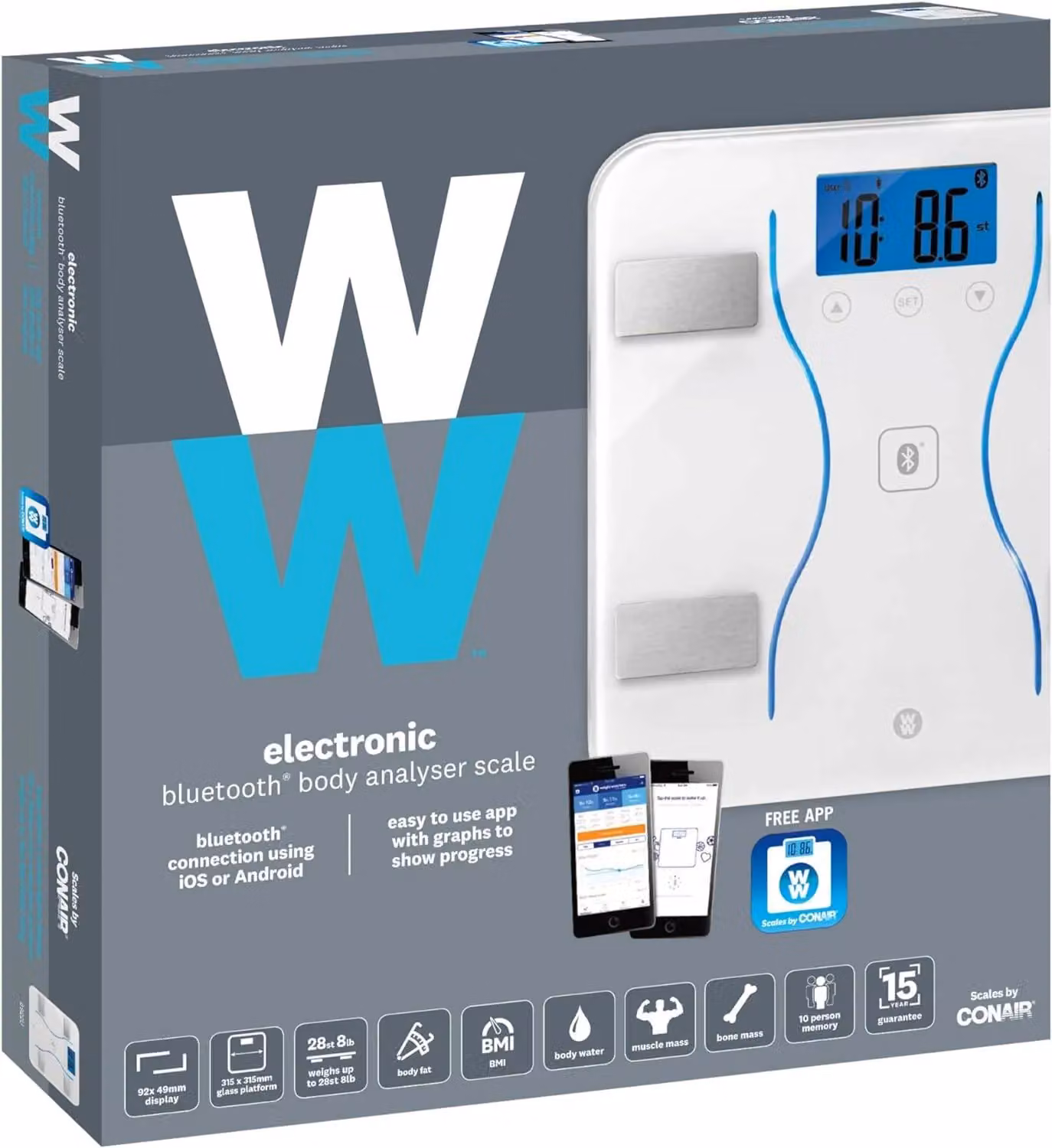 CONAIR Weight Watchers Bluetooth Ready Smart Body Analyser Scale 8922U in Clear and White – 2