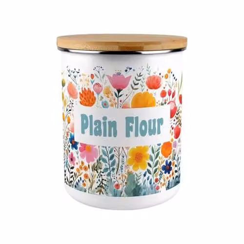 Purely Home Floral Plain Flour Storage Canister, 2.7 l, Pink and Multicolour Enamel Baking Tin – 1