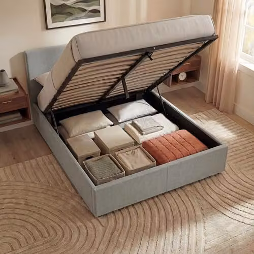 Vida Designs Veronica King Ottoman Bed Frame in Light Grey Fabric with Gas-Lift Storage, H 82 x W 159 x D 210 cm – 3