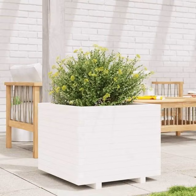 Berkfield Home White Decorative Garden Planter Tub, Solid Wood, W: 60 cm, D: 60 cm, H: 49.5 cm