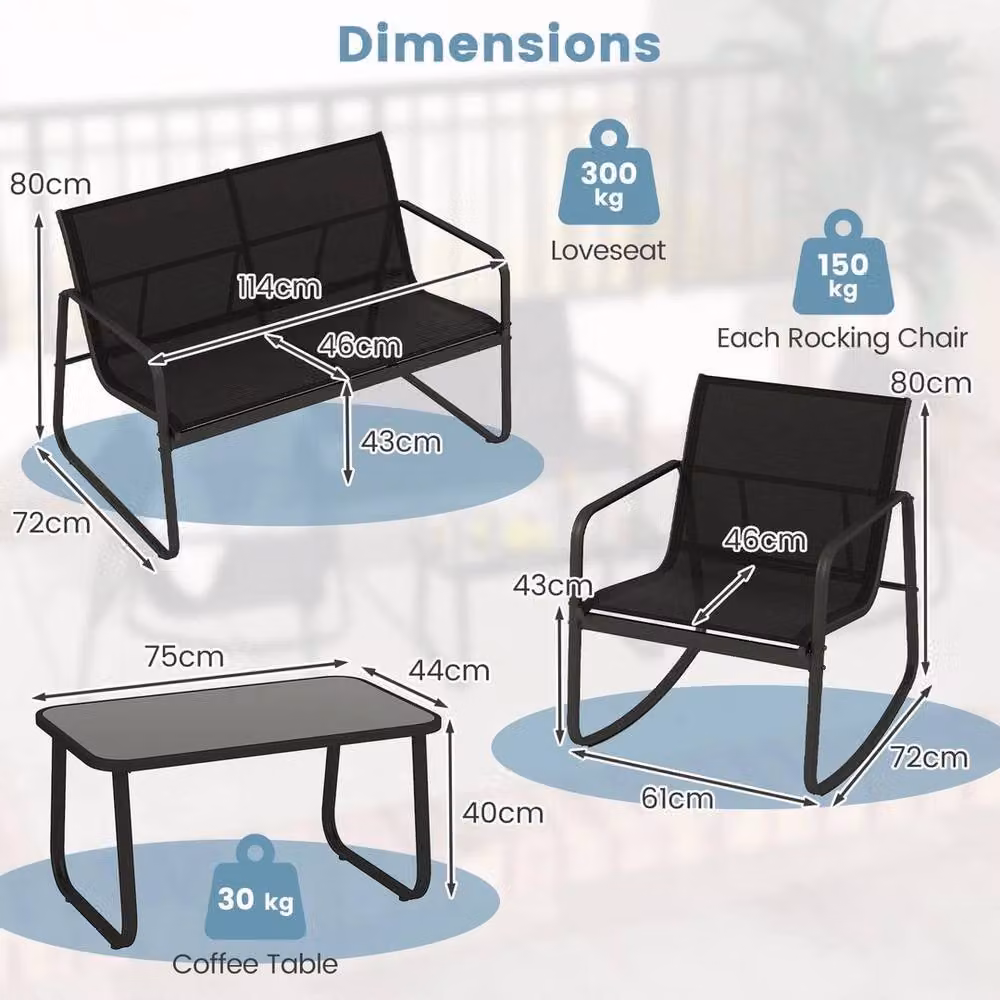 Kelvenix 4 Piece Outdoor Rocker Chair Conversation Set in Black with Metal Frame and Textilene Fabric – 2