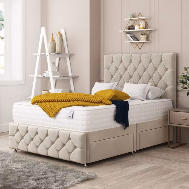 Bed Choices Regency Bed Set with Mattress and Headboard in Cream Plush Velvet, W/D/H: 90 x 190 cm