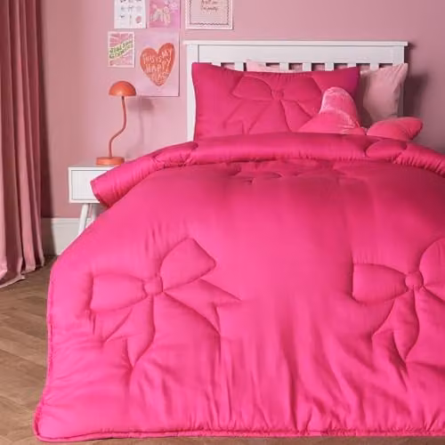 OHS Bow Quilted Microfibre Coverless Summer Duvet and Pillowcase Set, 7.5 Tog, Pink, W/D/H: 200 x 200 x 200 cm