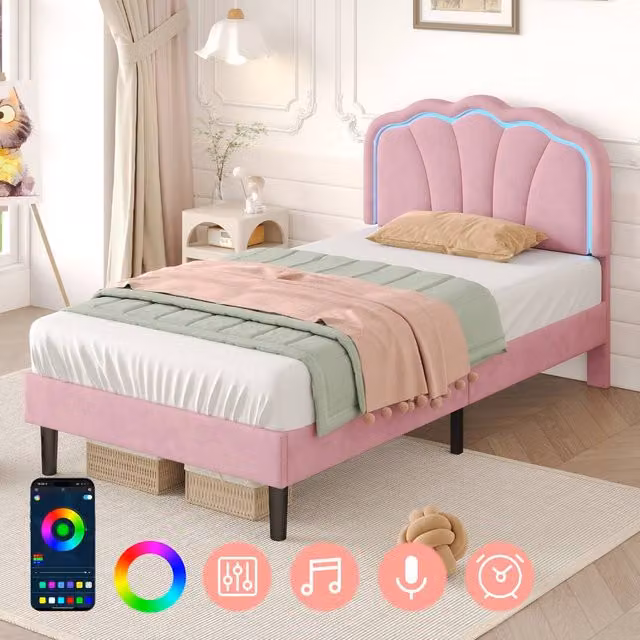 ModernLuxe Pink Velvet Upholstered Single Bed with Adjustable LED Shell Shape Headboard and Drawers W/D/H: 90 x 190 x 101 cm