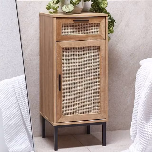 Wyld and Coco Wall Mounted Bathroom Cabinet with Natural Rattan Front in Beige, W: 40 cm, H: 92 cm – 1