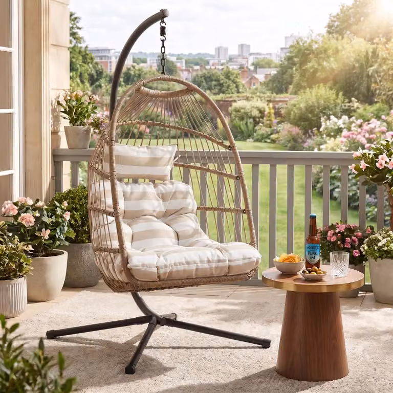 Foldable Natural Rattan Egg Hanging Chair with Metal Stand and Beige Cushions for Indoor and Outdoor Use, H 195 x W 103 x D 100 cm