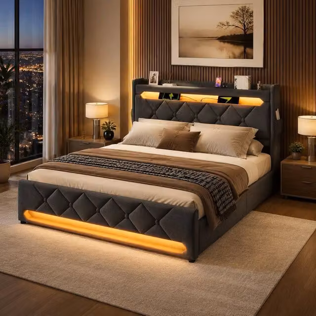 STILVORA Super King Upholstered Bed in Grey with LED Lighting, USB Charging Ports and Lift-Up Storage Headboard, W/D/H: 200 x 180 x 183 cm
