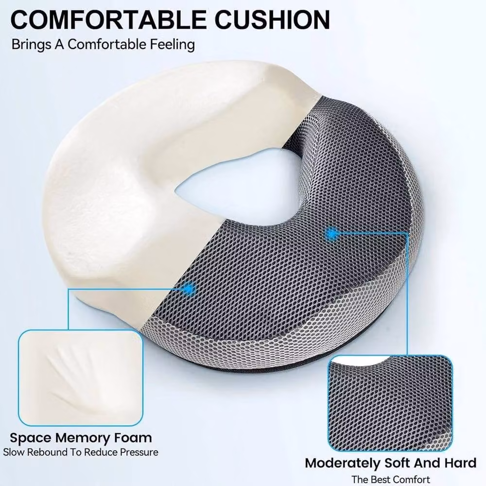 NESTLUNE Grey Memory Foam Donut Cushion, Ergonomic U-Shaped Non-Slip Medical Ring Seat, W: 100 cm, D: 190 cm
