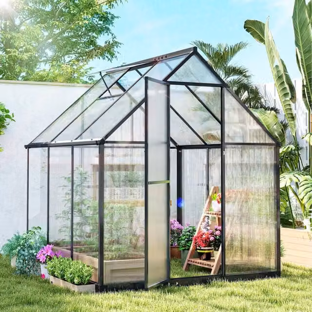 Outsunny Polycarbonate Greenhouse with Hinged Swing Door in Black and Transparent