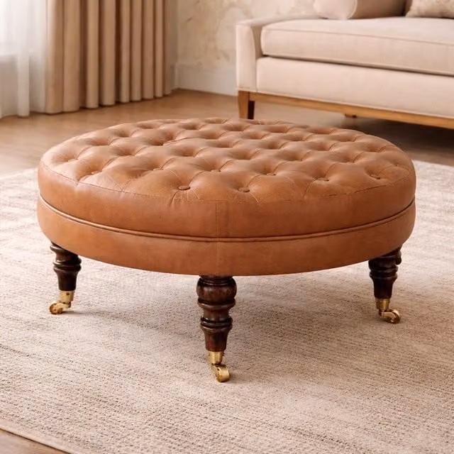 Artisan Furniture Brown Buffalo Leather Round Cylindrical Ottoman with Mango Wood Frame and Castor Legs