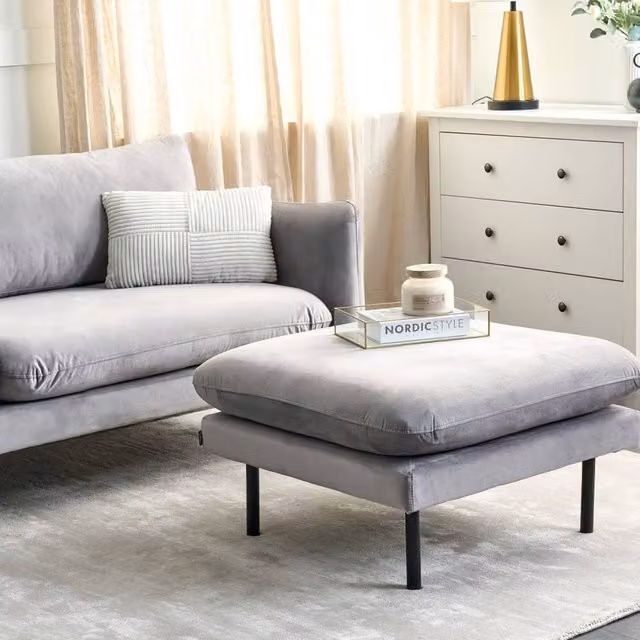 Wyld and Coco Glamour Velvet Square Ottoman Footstool in Grey with Aluminium Frame